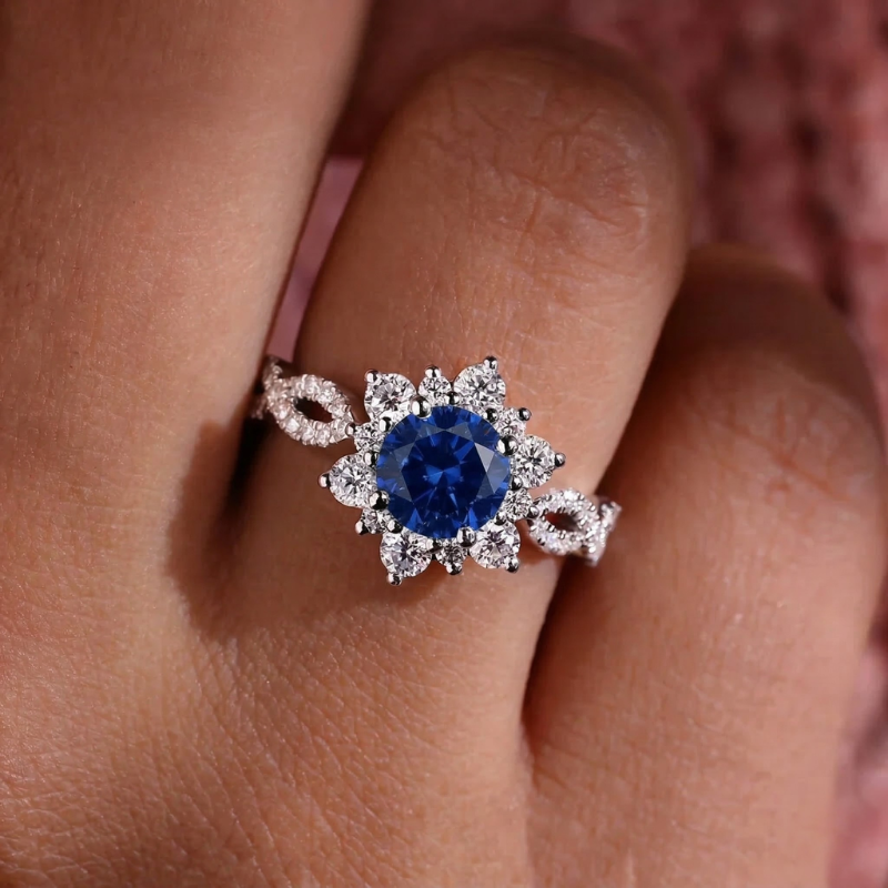 Krystal Safir Blomst Ring | Hvidguld