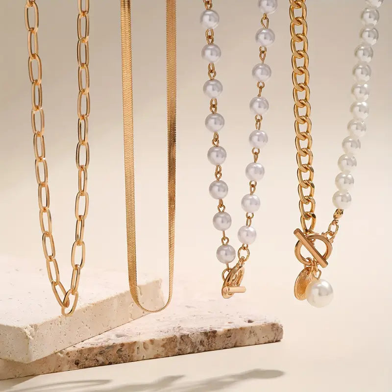 Vintage Perle & Guld Slange Lænkehalskæde Sæt | Guld