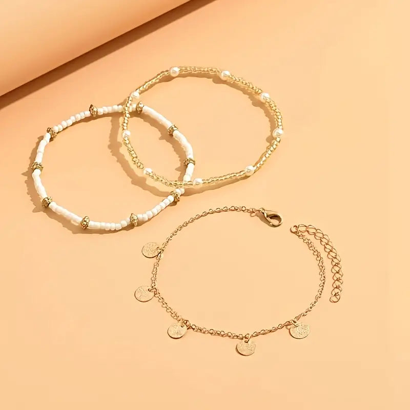 Coastal Charm 3-Piece Lagdelt Ankelkæde Sæt | Guld