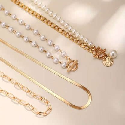 Vintage Perle & Guld Slange Lænkehalskæde Sæt | Guld