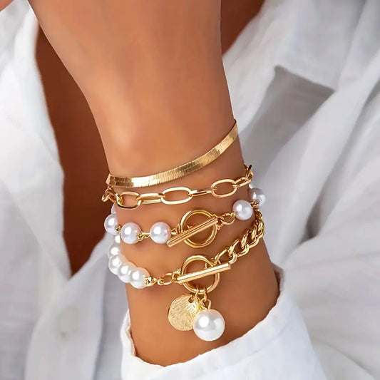 Chic Guld 4-Piece Armbånd Sæt - Slange, Perler & Lænker | Guld