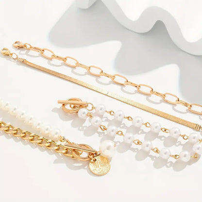 Chic Guld 4-Piece Armbånd Sæt - Slange, Perler & Lænker | Guld