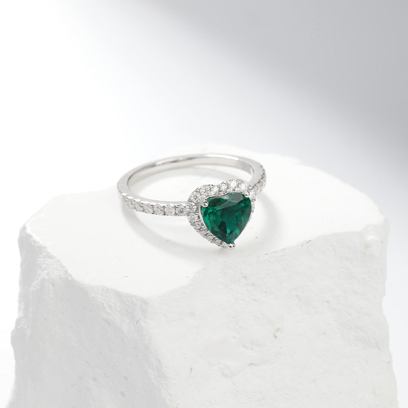 Sølv Smaragd Hjerte Halo Ring