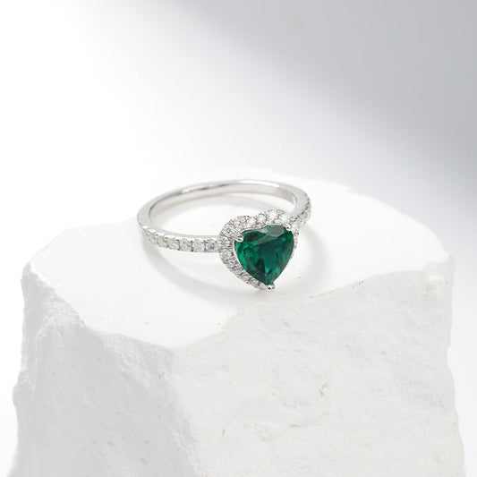 Sølv Smaragd Hjerte Halo Ring