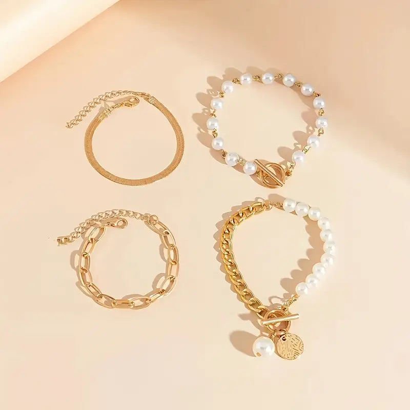 Chic Guld 4-Piece Armbånd Sæt - Slange, Perler & Lænker | Guld