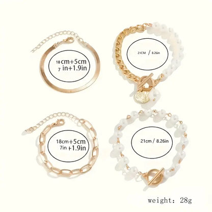 Chic Guld 4-Piece Armbånd Sæt - Slange, Perler & Lænker | Guld