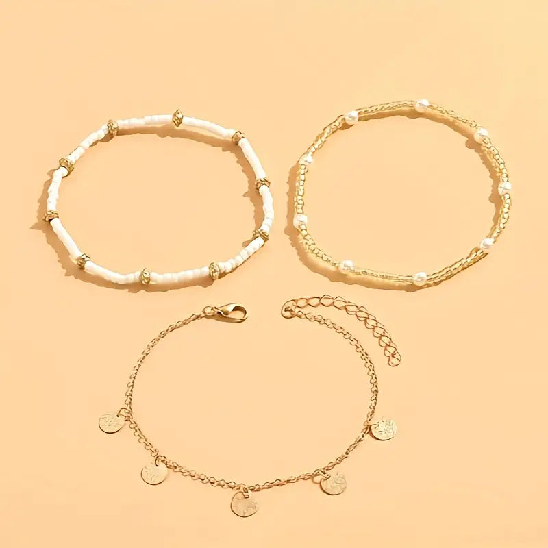 Coastal Charm 3-Piece Lagdelt Ankelkæde Sæt | Guld